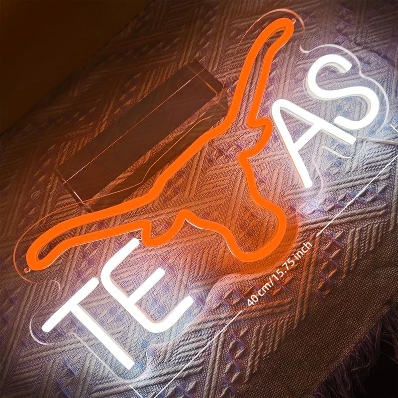 Letreros de Neón con Cabeza de Vaca Naranja para TEXAS Longhorn - Letrero de Neón Regulable, Letrero de Neón de Fútbol Americano Colgante con Alimentación USB para Sala de Juegos