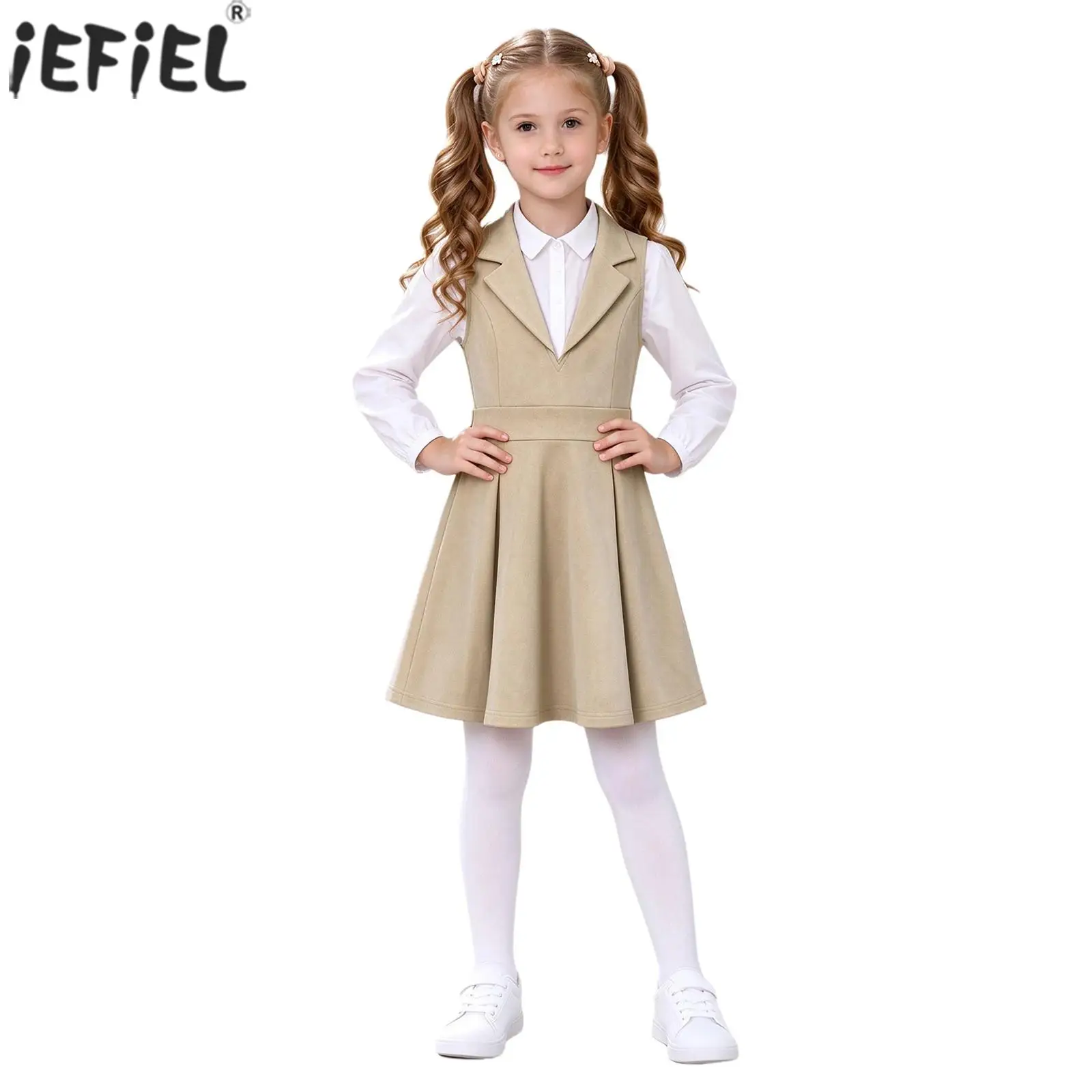 Junior Girls Classic School Uniform Jumper Dress Lapel V-neck Sleeveless Pleated Dresses for Classroom Picture Day Daily Casual