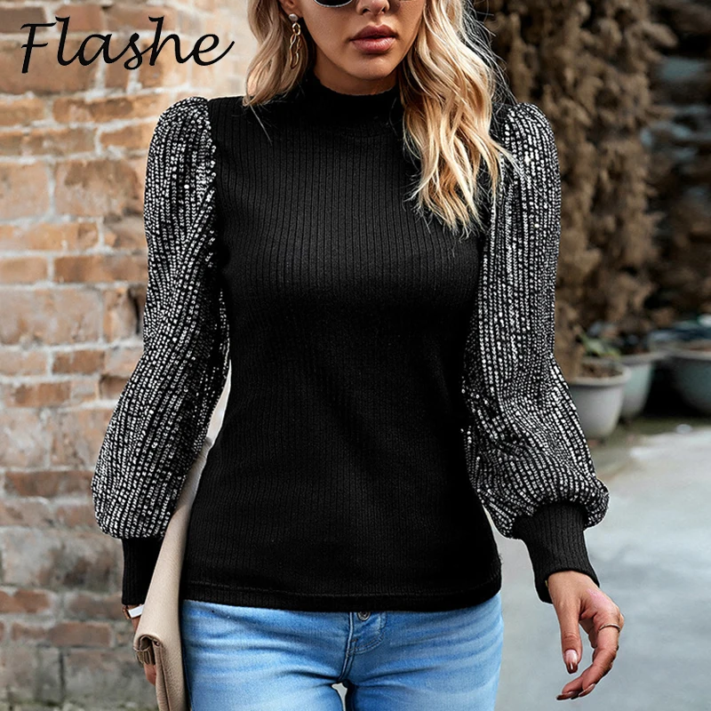 

Autumn Winter Women Shirt Blouse Blace Sequins Sleeve Design Tops Long Sleeve Knitted Shirts For Women Fashion Pullover