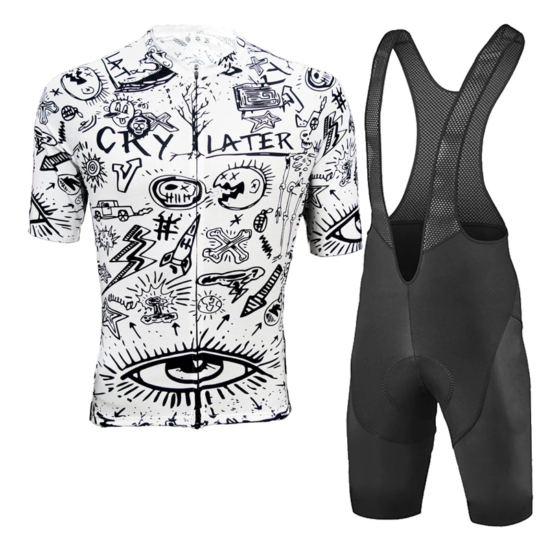 New Men's CRY LATER Cycling Jersey Kit White Bike Shirt Riding Sets Clothing Wear Black Bib Shorts Lycra