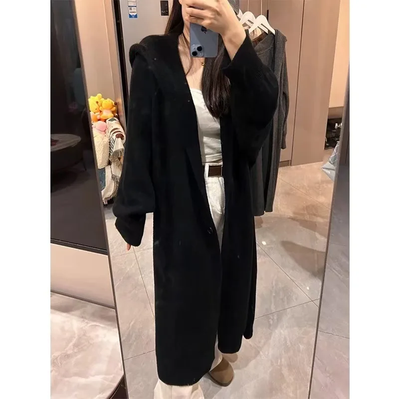 Women's Autumn Winter Hooded Long Knitted Cardigan Simple Solid Color French Style Lazy Casual Coat for Ladies