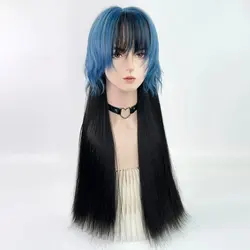 Blau schwarz geschichtete lange Perücken mit Pony synthetische gerade gewellte Frauen Männer Lolita Cosplay Haar Perücke für die tägliche Party