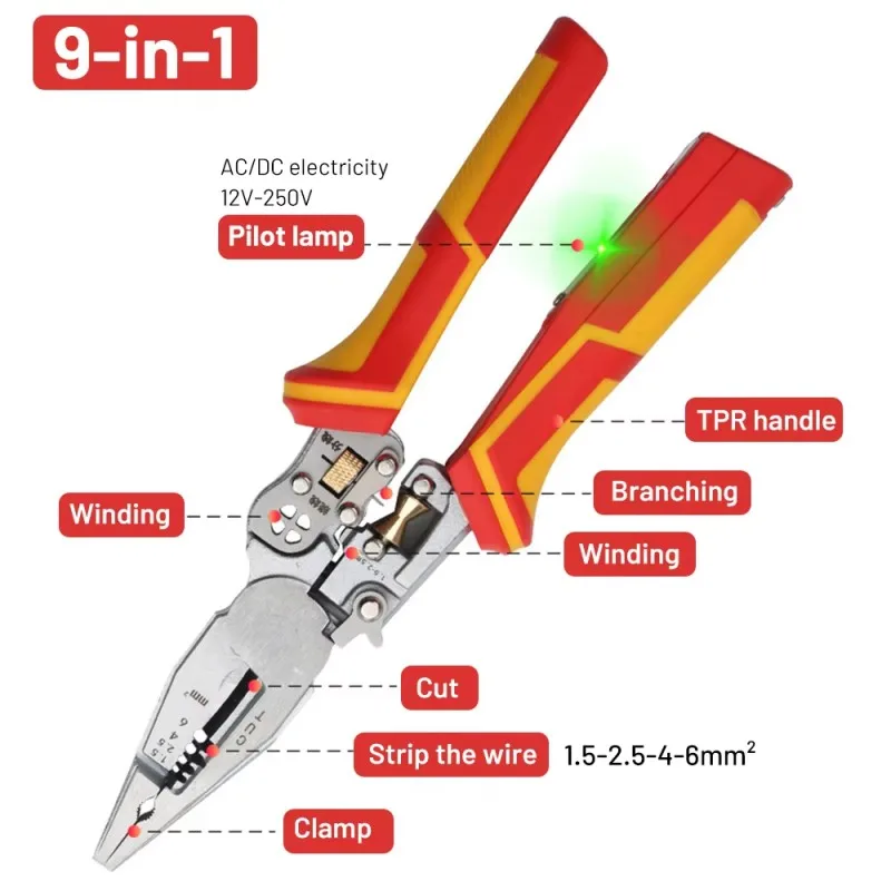 9 In 1 Multifunctional Versatile Wire Stripping Pliers Built-in Electricity Cutting Crimping Pliers Winding Clamper Hand Tool