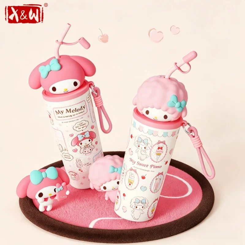 X&W Sanrio Thermos Cup Cartoon 3D Doll Lid Vacuum Flask for Lovely Gifts Keep Hot/Cold Ice Tumbler Cups with Straw＆Cup Lanyard