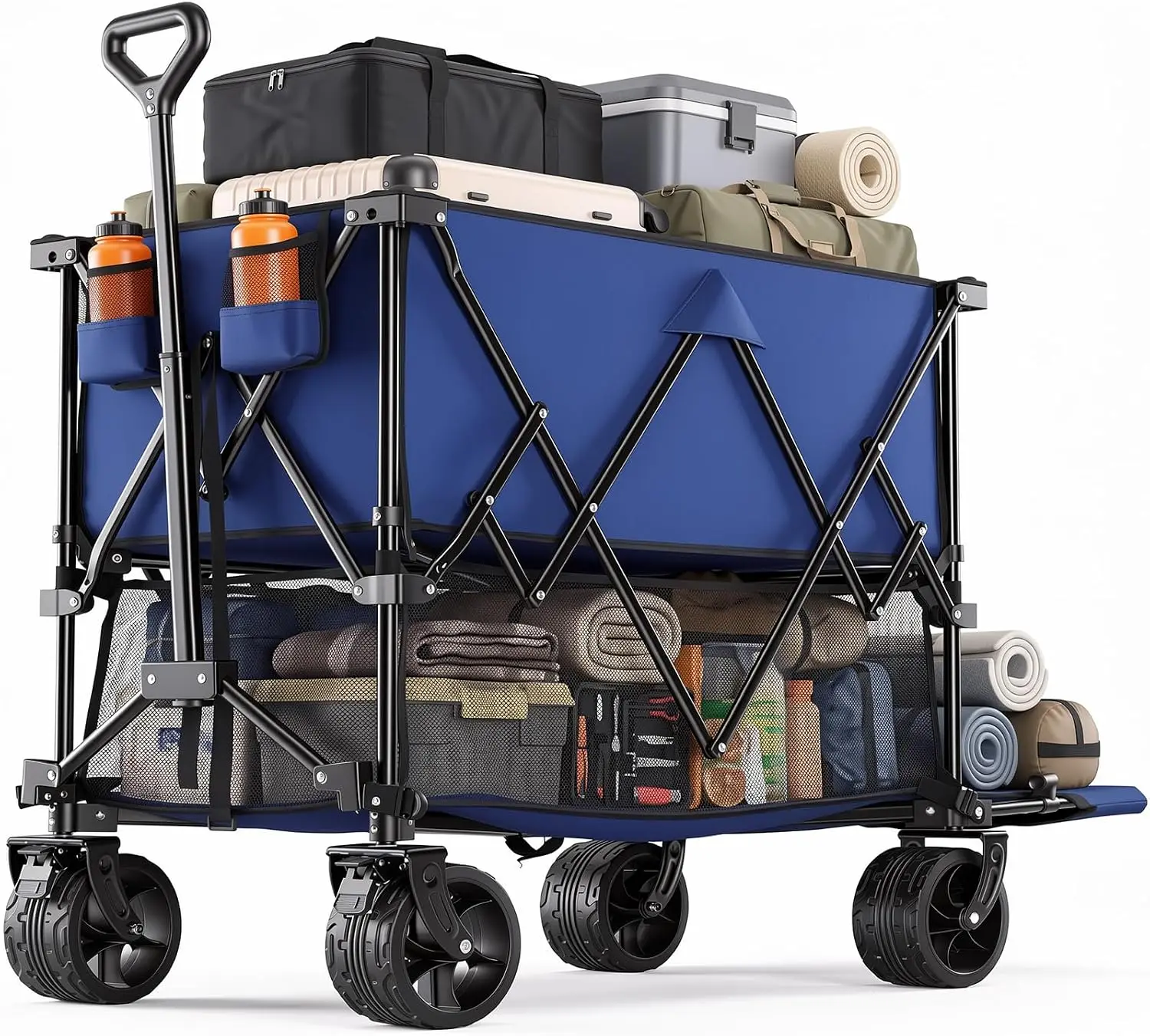 Double Decker Wagon 440LBS, Collapsible Folding Beach Wagon 400L | Heavy Duty Double Cart with 54IN Extender All-Terrain Wheels, Folding Utility Cart for Camping Grocery Shopping Garden, Blue
