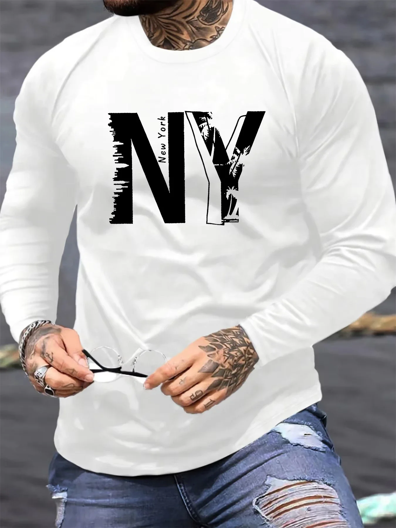 

2025 Men's 100_ pure cotton loose fit plus size casual sports New York NY letter printed round neck long sleeved T-shirt top