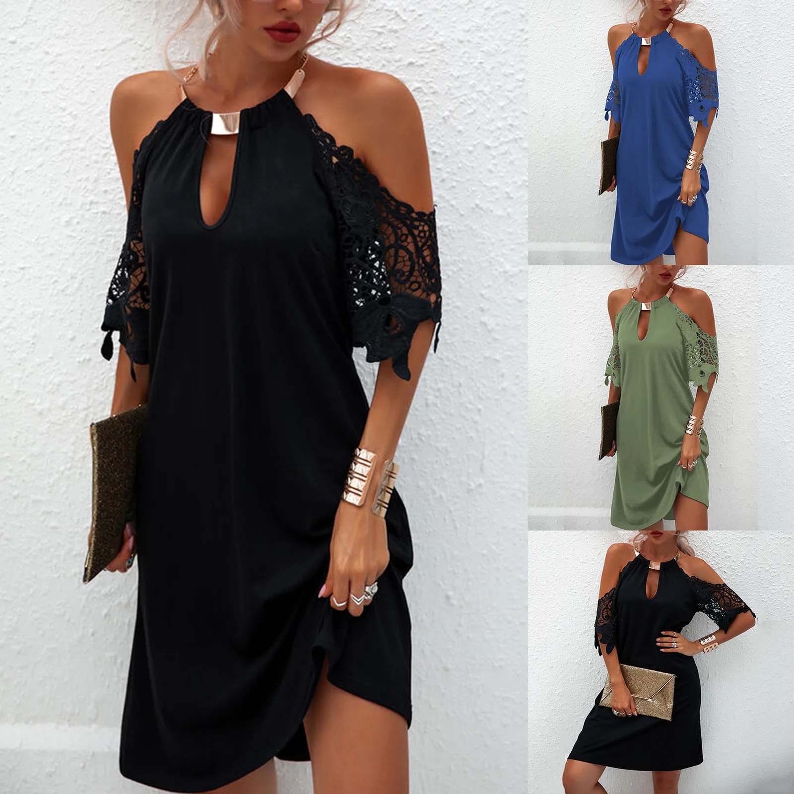 Solid Color Lace Sexy Dress Summer Clothes For Women Sleeve Halter Neck Strapless Summer Dress Elegant Traf-Robe Femme Vestido