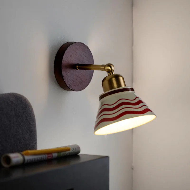 Solid Wood Base Ceramic Wall Lamp Bedroom Homestay Lighting Fixture
