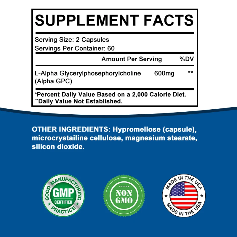 Natural Alpha GPC Choline Brain Supplement for Acetylcholine Advanced Memory Formula, Focus and Brain Supplement Non-GMO