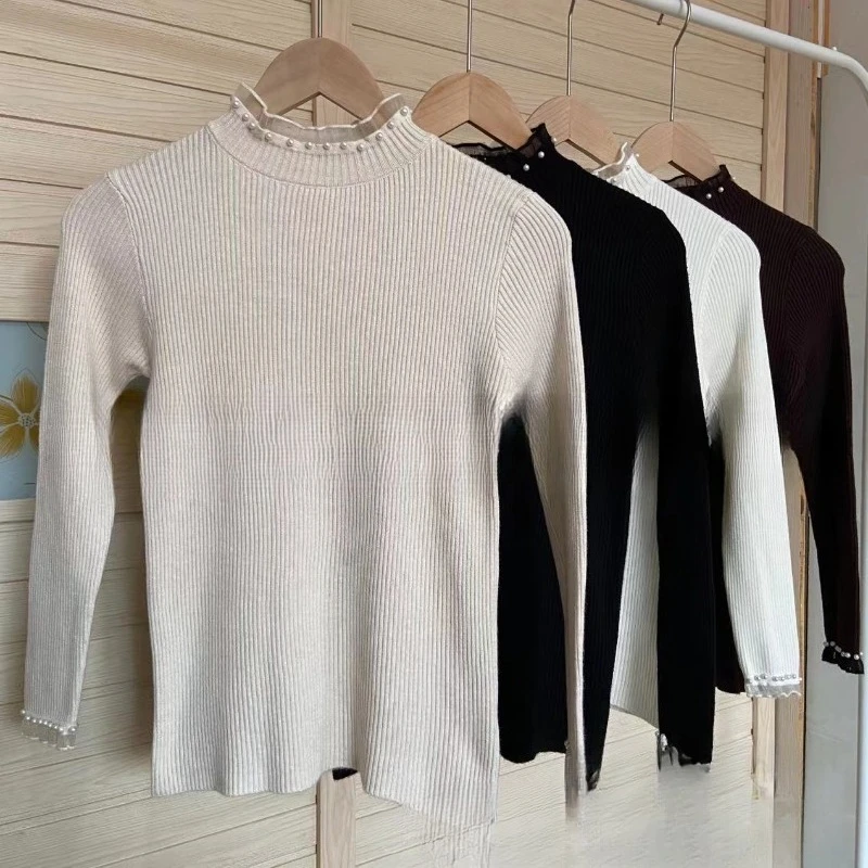 Maglione da donna con collo alto e fondo lavorato a maglia, top con volant, perle, dolce ed elegante, autunno inverno, maglione, pullover da ufficio