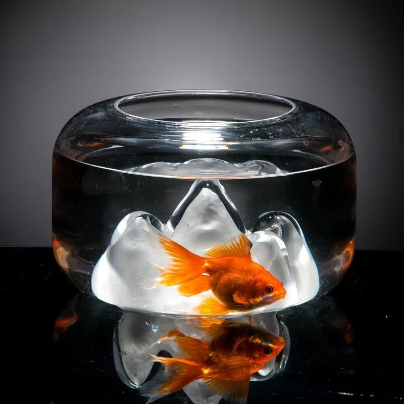 Creative Snow Mountain Gold Fish Tank, Simple Household Glass Fish Tank, Tabletop Round Mini Aquarium, Living Room Small Decorat