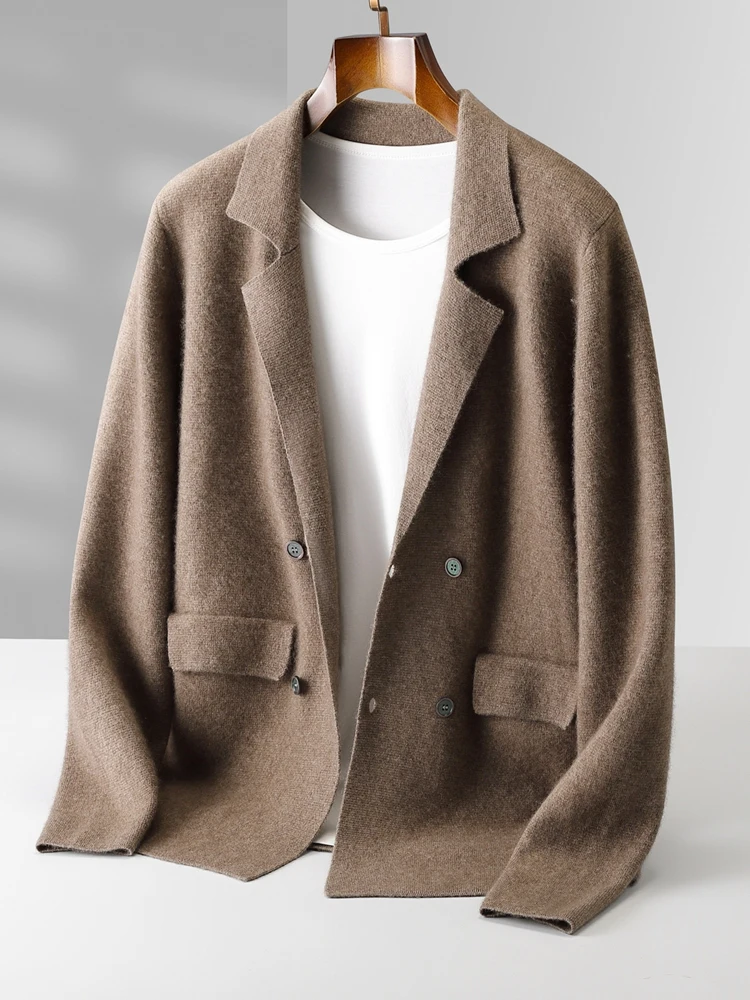 Cardigan en cachemire pour homme, 100% laine mérinos, col de costume, pull doux et chaud, tricot int