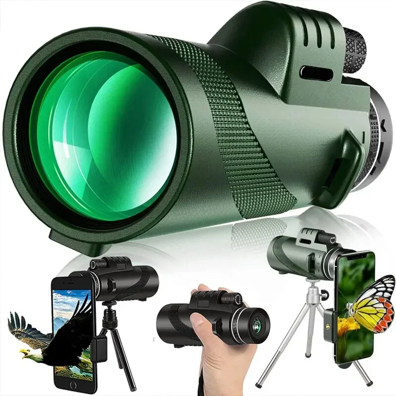 Powerful 80X100 HD monocular telescope with tripod mobile phone clip hunting wild animals, bird watching, camping and hiking