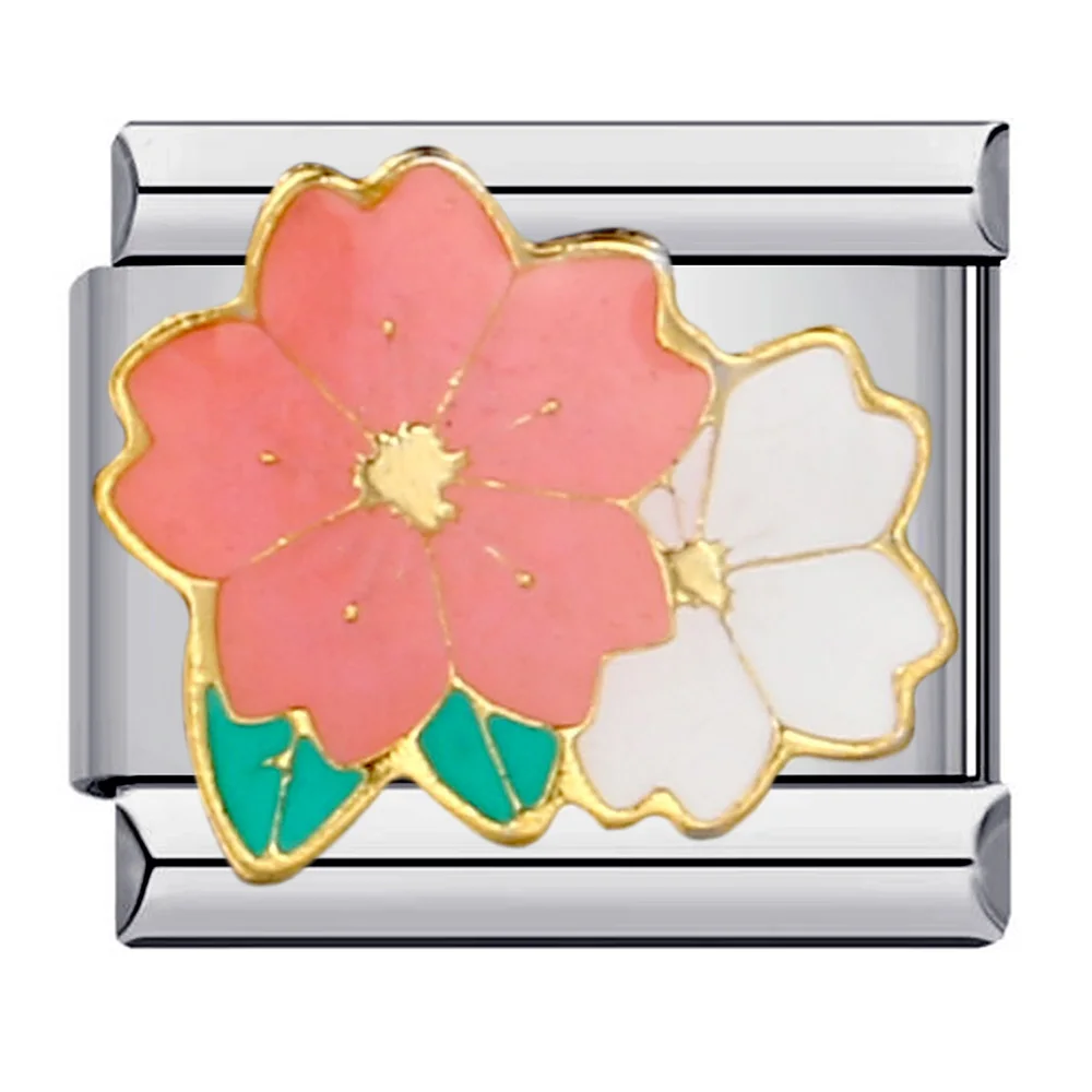 Y2k Women Fashion Flower Glaze Tulip Rose SakuraCharm Links Fit 9mm Stainless Steel Bracelet DIY Making Jewelry