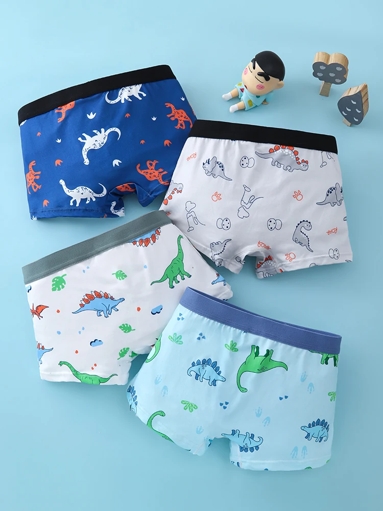 4pcs Boys' Teenage Knitted Dinosaur Print Boxer Shorts Comfortable Skin-Friendly Fabric Suitable for All Seasons Non-Catching