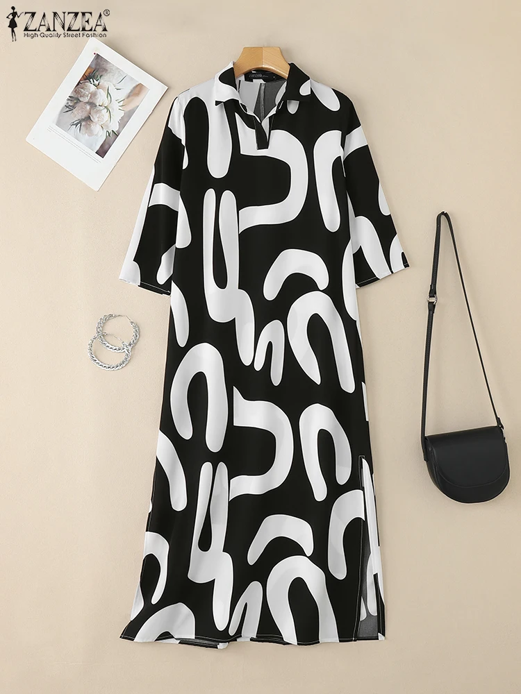 ZANZEA Fashion 2025 Autumn Women Lapel Neck Long Sleeve Dress Printed Dresses Robe Femme Maxi Long Dress Casual Kaftan Oversize