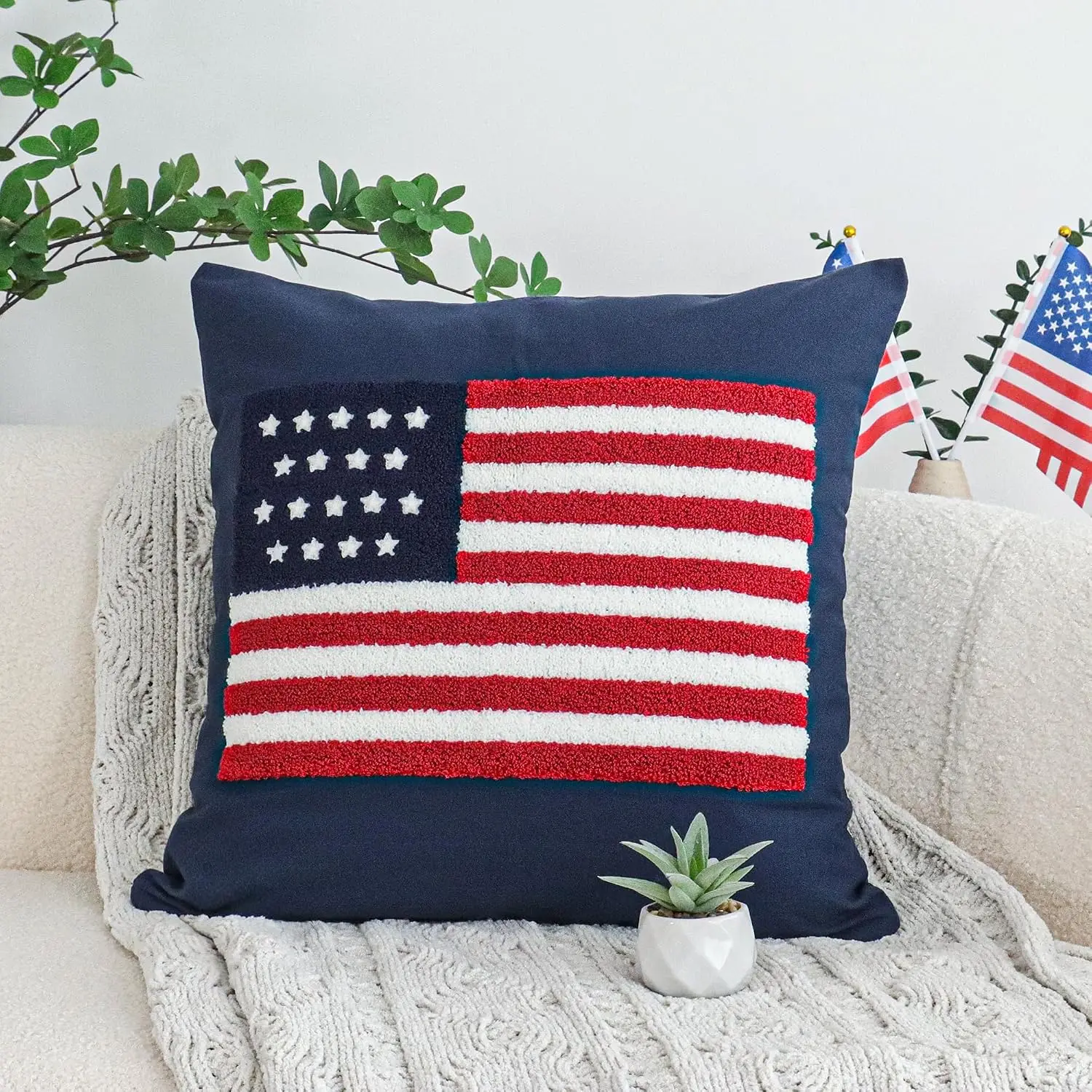 American Flag Pillowcase, Vintage USA Stars and Stripes Cushion Cover, Patriotic Home Decor, Red White Blue Sofa Throw Gift