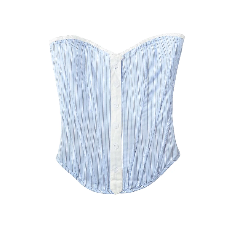 Summer Women Blue Stripe Strapless Corset Top Lace Trim V Neck Button Front Bustier Fitted Crop Top