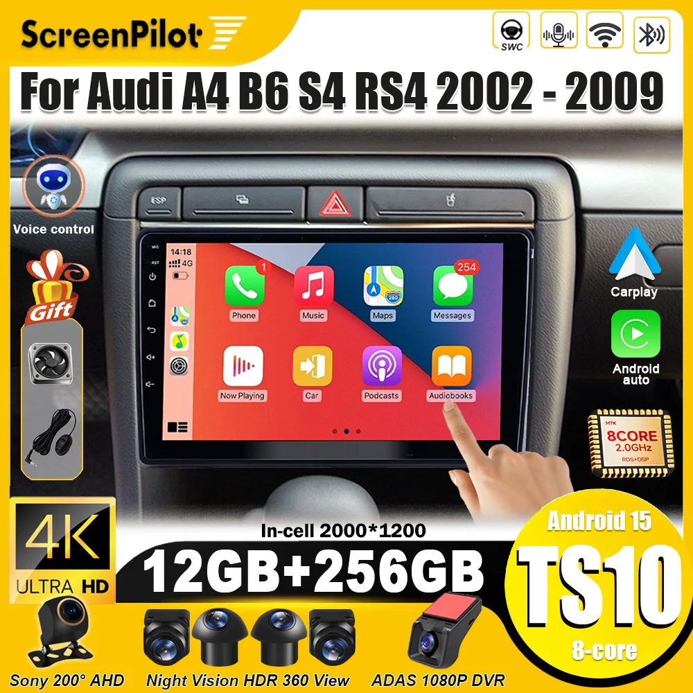 Radio Multimedia Android 16 para Auto, Reproductor de Video, Carplay, Bluetooth, 2 DIN, para Audi B6 B7 A4 S4 RS4 SEAT Exeo 2002-2004 2005-2009