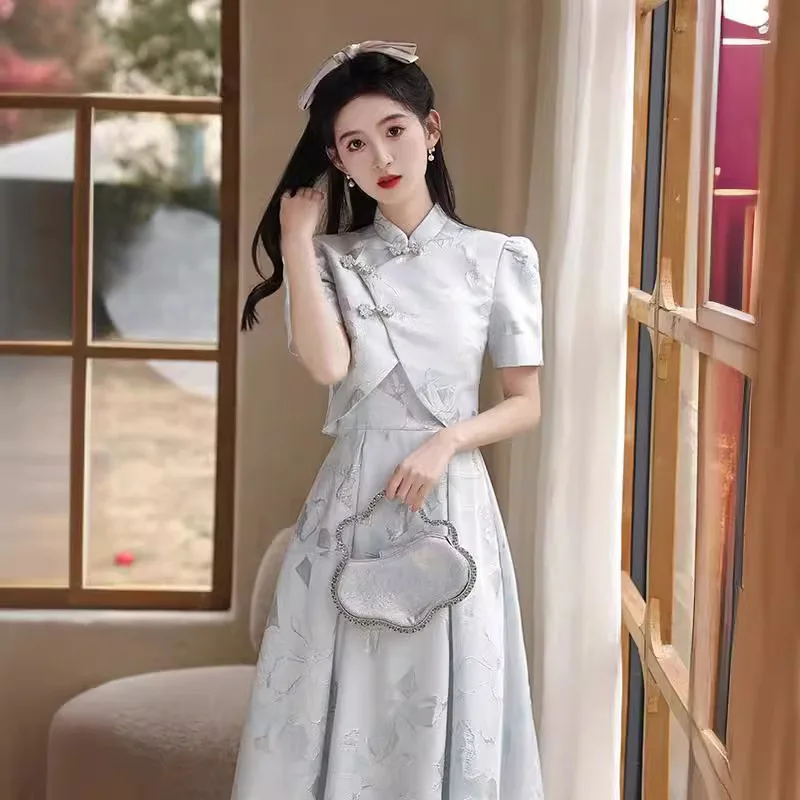 

Blue Evening Gown Set Women's New Chinese Style Luxury Minimalist Modified Engagement Art Exam Banquet Dress