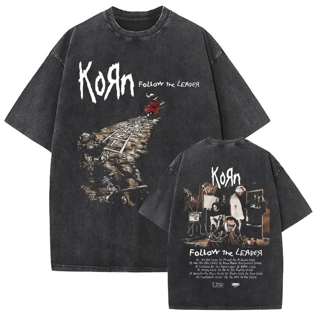 Vintage Washed Korn Music Album Follow The Leader T-shirt Men Women Fashion Gothic Rock T Shirt Men's Casual Oversized T-shirts