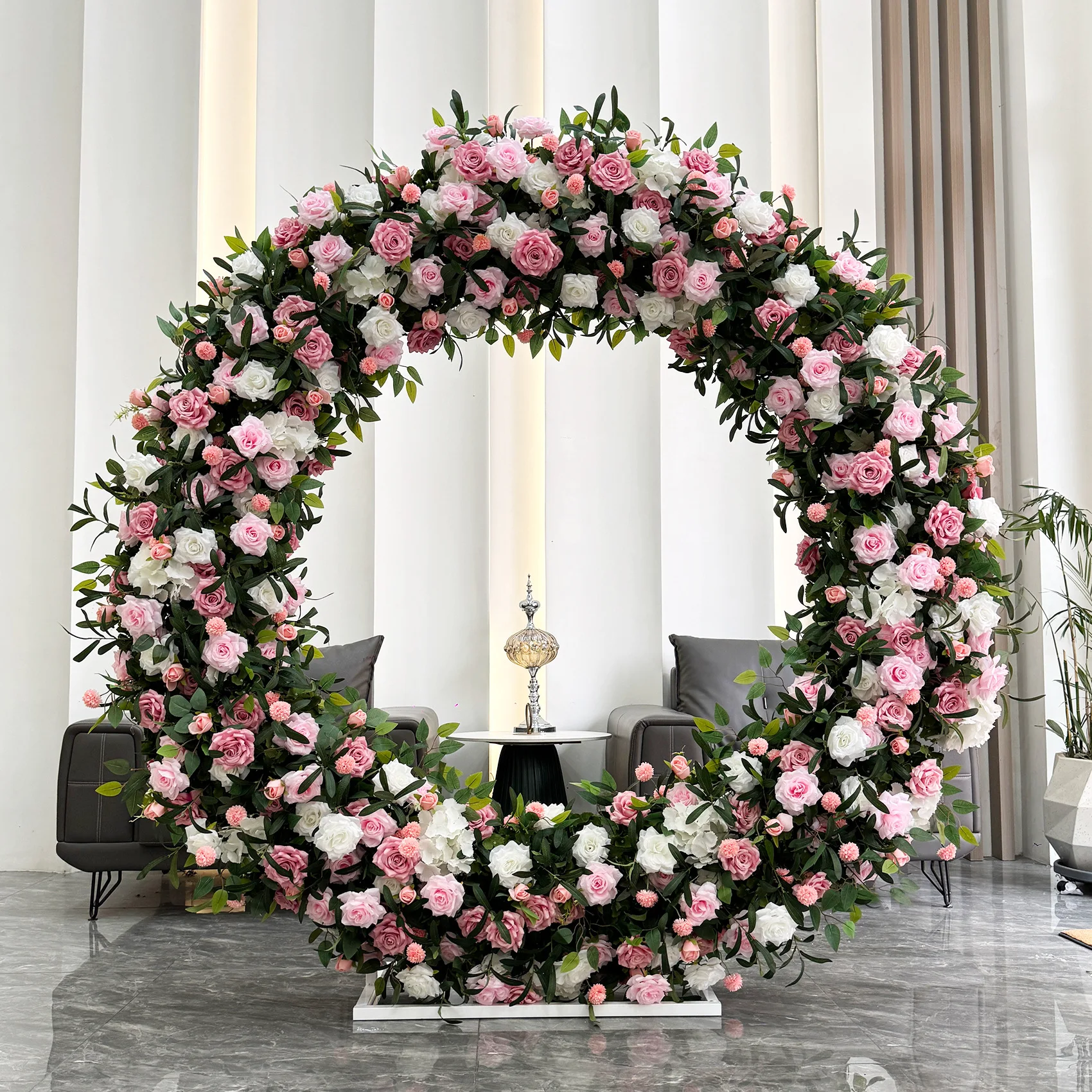 

2 meters round shelf floral arrangement, exhibition hall decoration pink rose hydrangea arch flower wedding arrangement