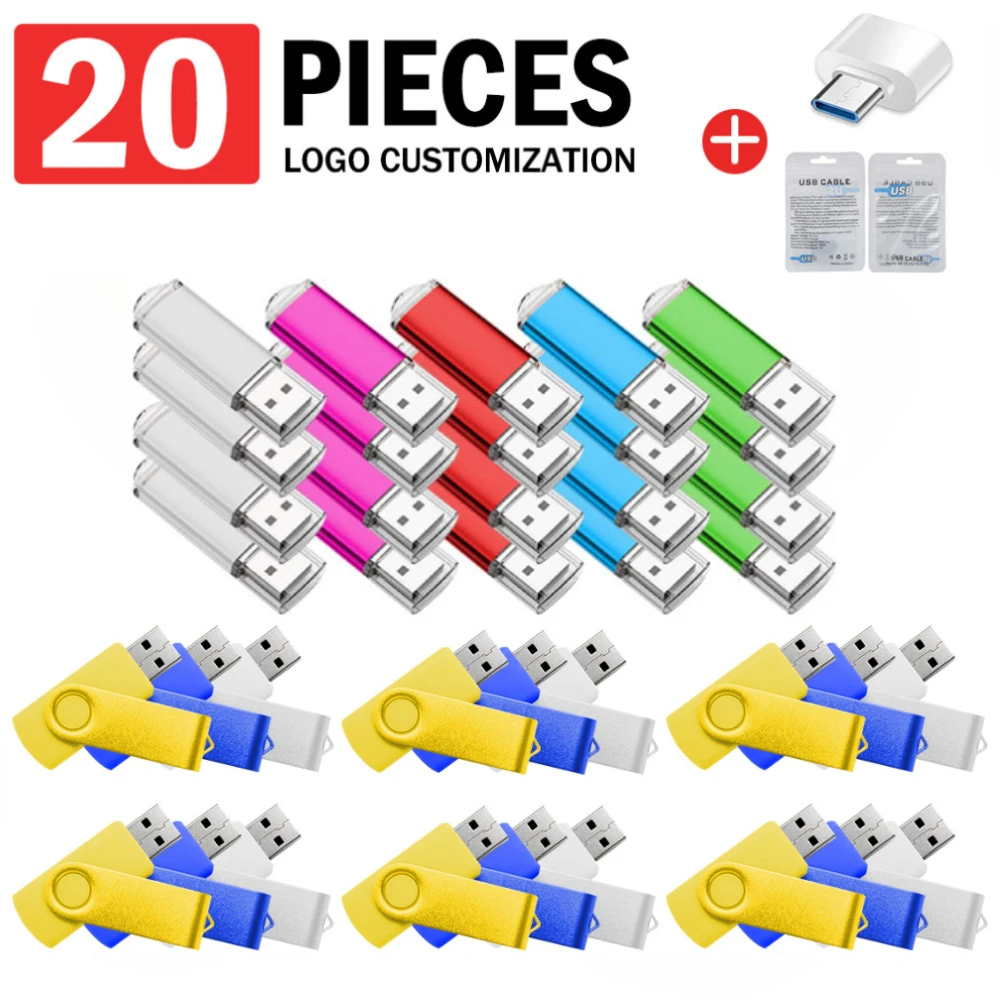

20PCS USB Flash Drive Pen Drive 64GB 32GB 16GB 8GB Pendrive Cle Metal USB Stick 1GB 2GB 4GB Custom Gift Memory Stick FREE LOGO