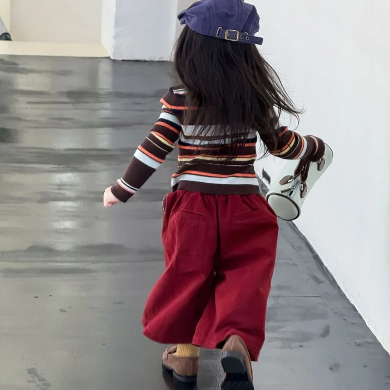 

Осень-зима 2022, детская одежда для девочек, комплект из 2 предметов, модный тонкий свитер в полоску, кардиган, вязаные штаны для детей 3-10 лет, брюки