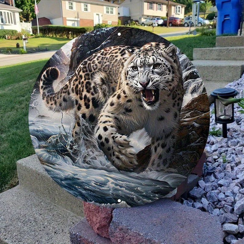 Round Aluminum Snow Leopard Art Sign, Waterproof HD Print, Pre-Drilled Metal Wall Decor, Decorative Wall Poster,8in, 11.8in, 1PC