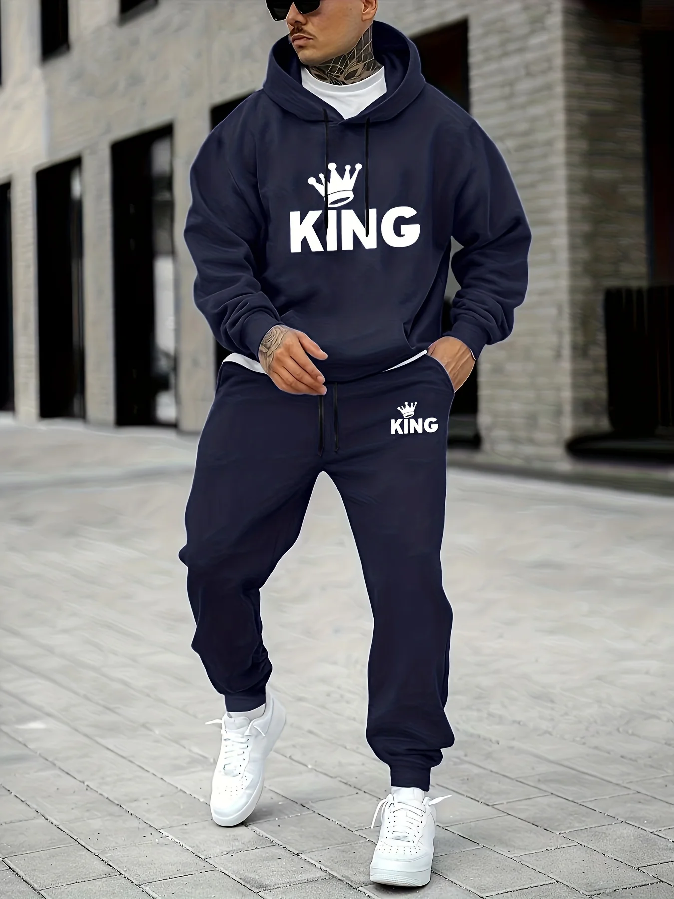 Men's KING Crown Print Tracksuit 2‑Piece Outfit, Hooded Sweatshirt + Jogger Pants Casual Sportswear Set Men's two-piece view 2