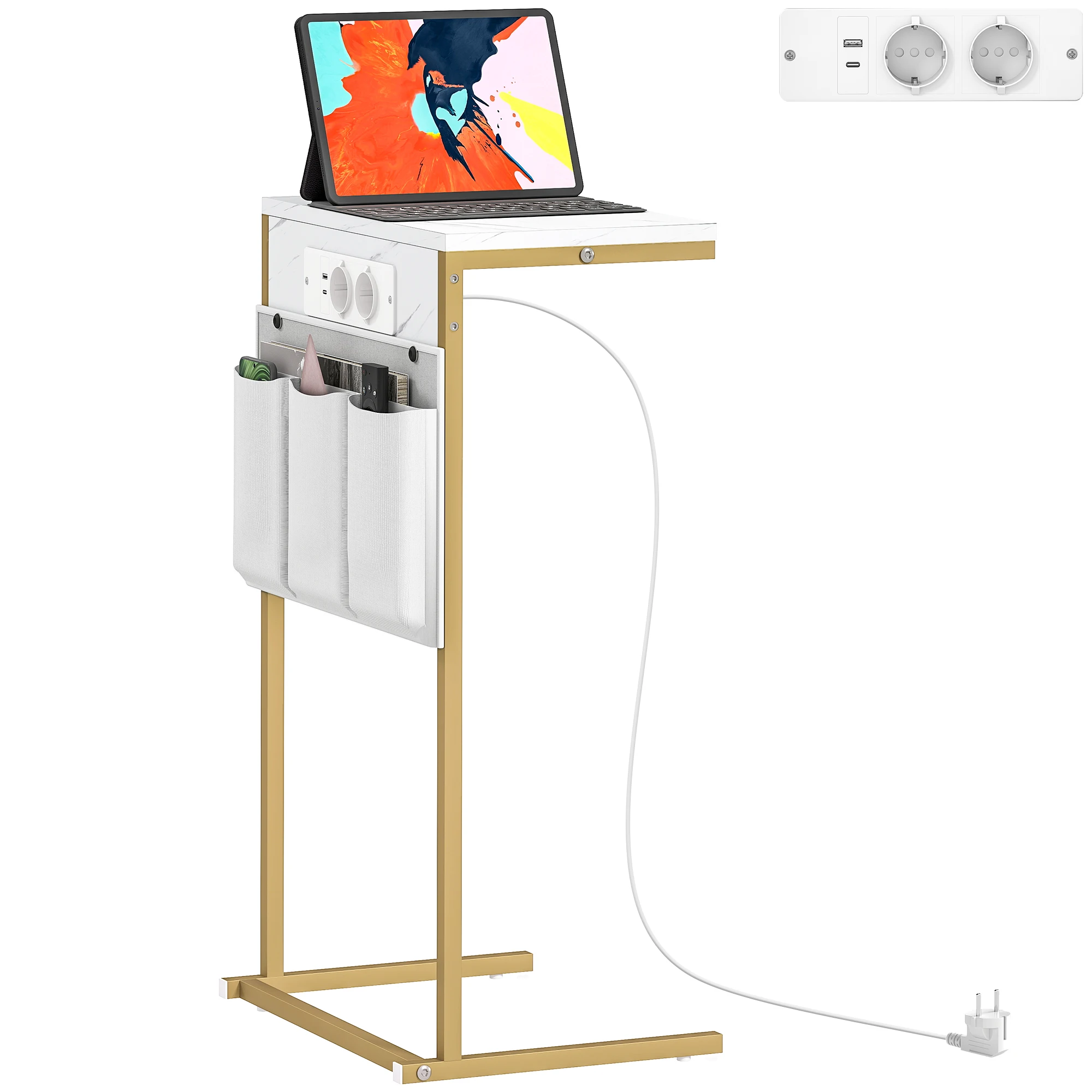 HOMCOM Mesa Auxiliar con Estación de Carga 2 Puertos USB 1 Puerto USB-C Blanco