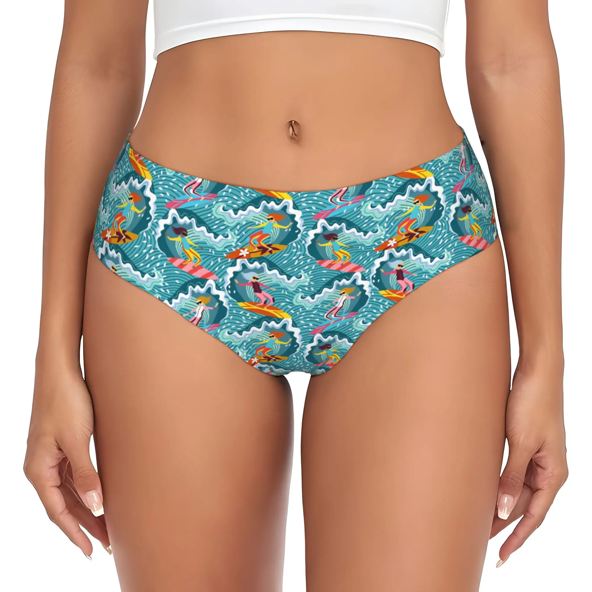 Surfing Girls Ocean Waves Bragas cortas para mujer, ropa interior transpirable y elástica de estilo japonés con patrón sin costuras