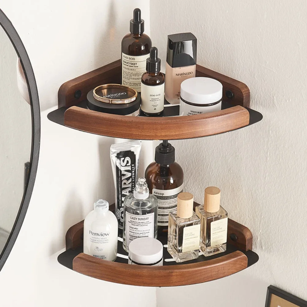 Black+White Walnut Wood Bathroom Shelves Wall MountedSpace Aluminum+Shower Corner Storage Shelf  Kitchen Organizer Rack