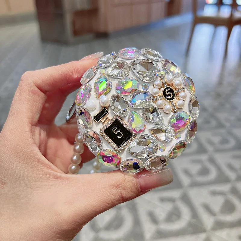 مرآة مكياج بلينغ دايموند ذات وجهين قابلة للطي، مرآة مستديرة محمولة بسلسلة من اللؤلؤ، مرآة جيب للسفر، زجاج زجاجي محمول باليد #5