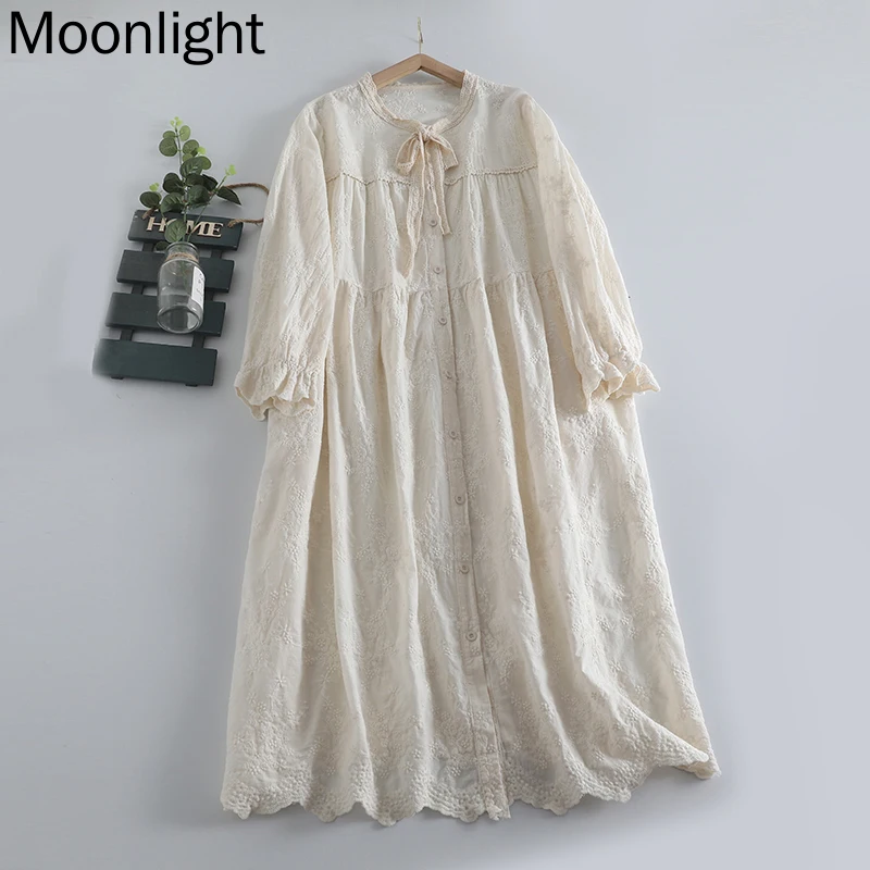 Mori Girl Lace Embroidery Long Sleeve Dresses Women Japanese Korean Sweet O-Neck Solid Color Loose Dress Vintage Female Vestidos