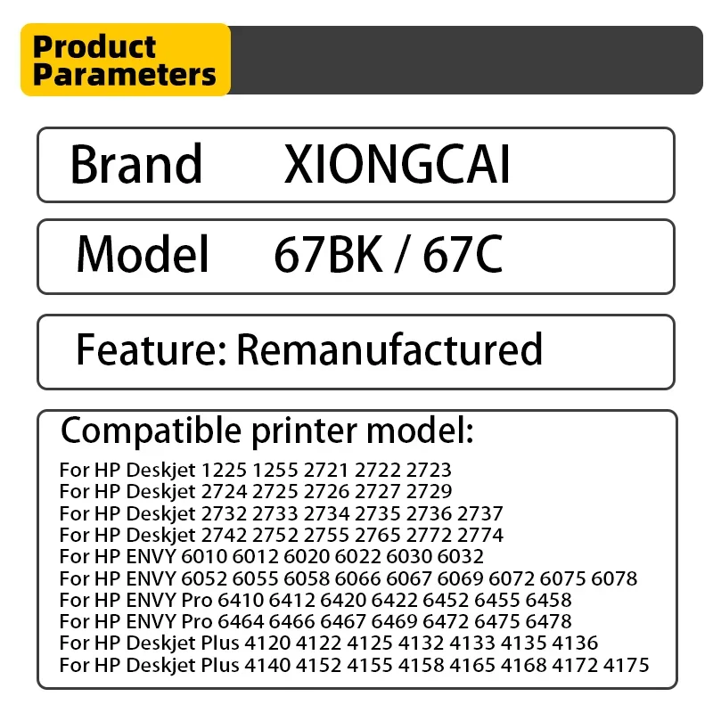 XIONGCAI Compatible 67XL Refillable Ink Cartridge Suitable for HP ENVY6420 6020 printer ink tank 2700 2330 2331 2723  for 67XL