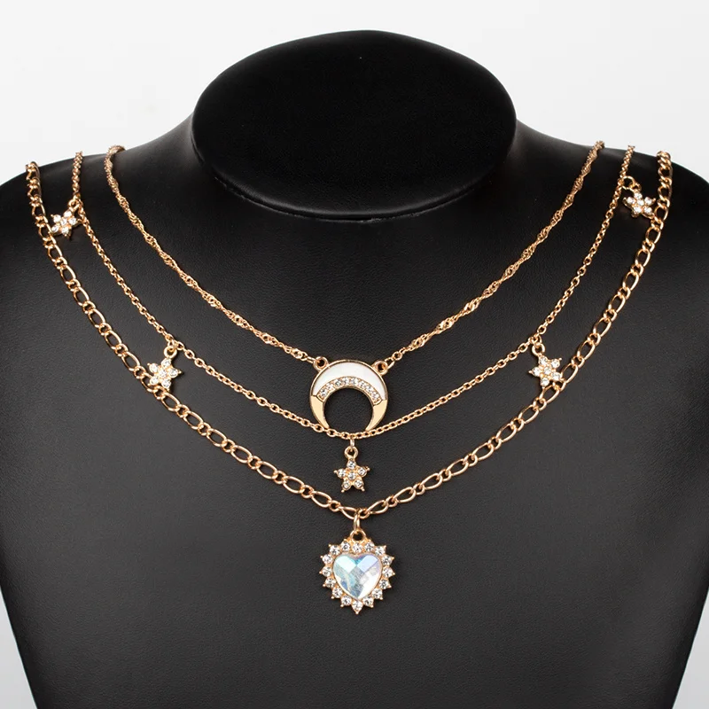 Multi Layer Gold Color Alloy Necklace Heart Moon Star Pendant Necklace Layered Synthetic Diamond Star Moon Choker Necklace For W