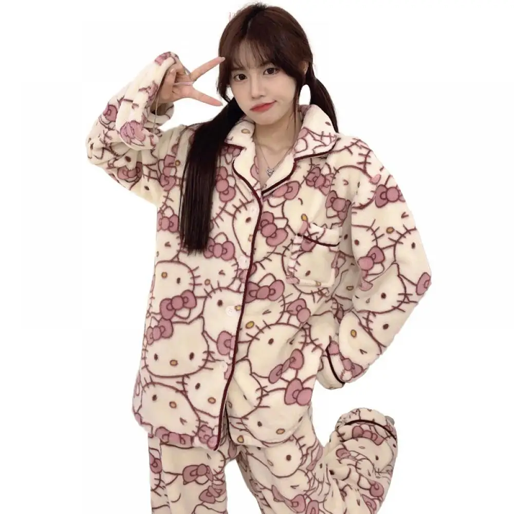 Sanrio Cartoon Hallo Kitty Korallen Samt Homewear Anime Frauen 2Pcs Plüsch Pyjamas Set Kawaii Herbst Homewear Verdicken Mädchen Nette