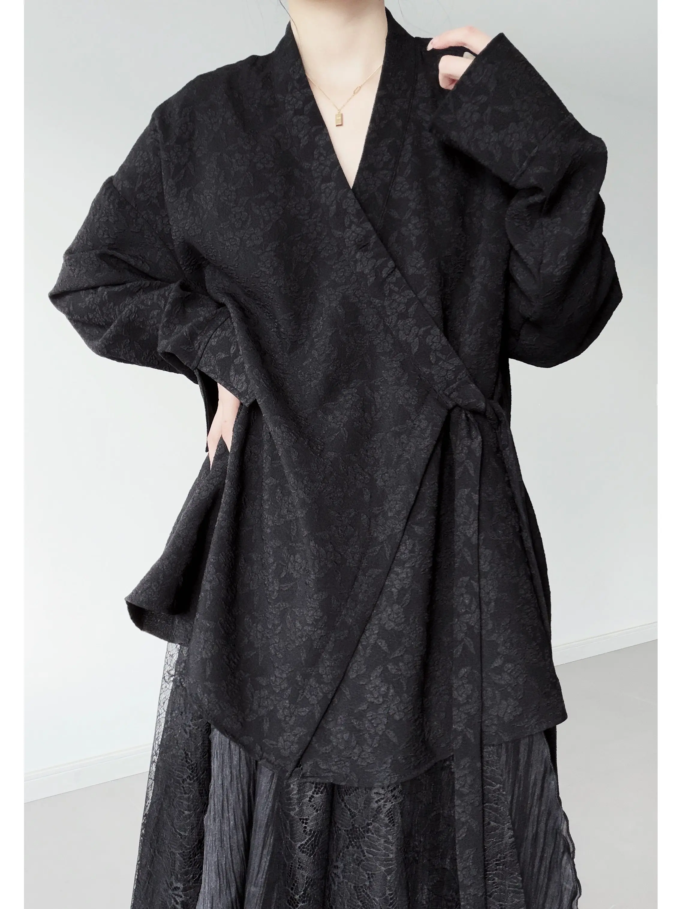 New Chinese Style Women's Shirt Embossed Side-Tie Spring Summer Jacket Traditional National Fashion V-Neck Long Sleeve Loose Fit