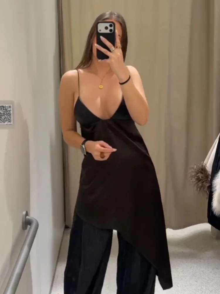 

HH Woman Summer Fashion Versatile Faux Leather Effect Splicing Sexy Backless Sling Tops Female Street Style Casual Short Tops