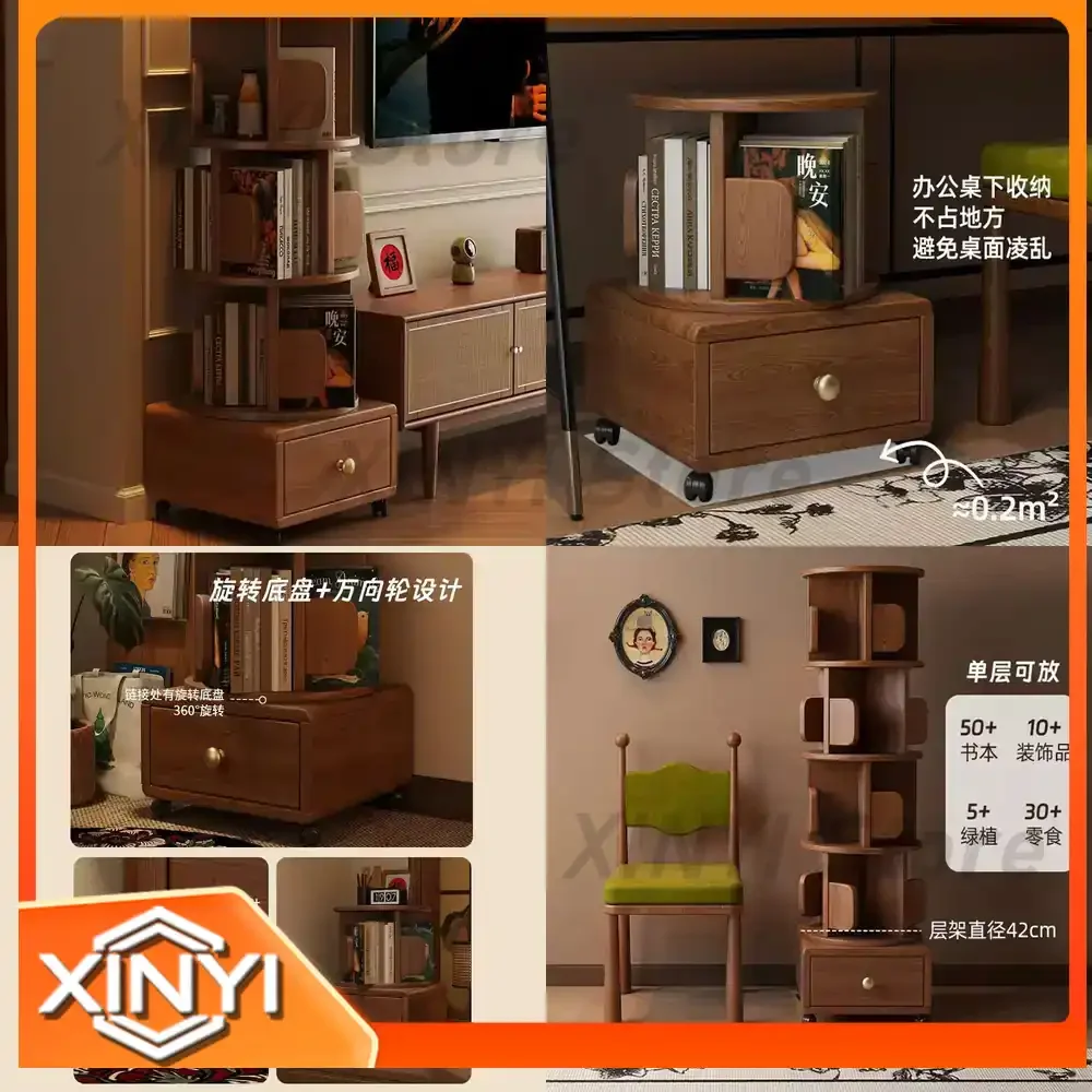 Rotating Vertical Bookshelf for Study Room Solid Wood Multi-Tier Retro Mobile Storage Shelf Vintage Cabinet Space Saving