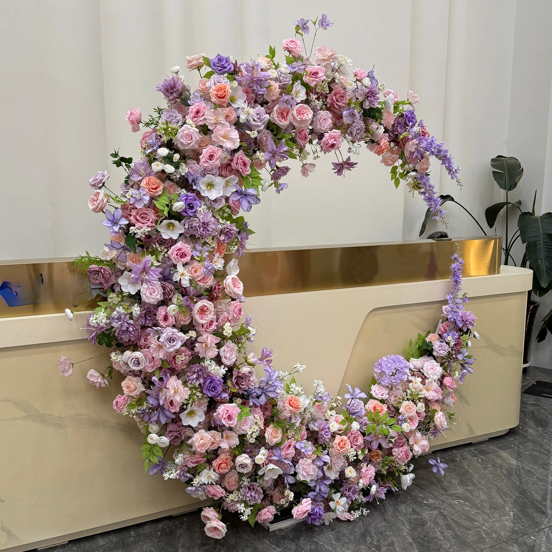 Wedding decoration background floral purple moon arch, stage welcome simulation silk flower finished product