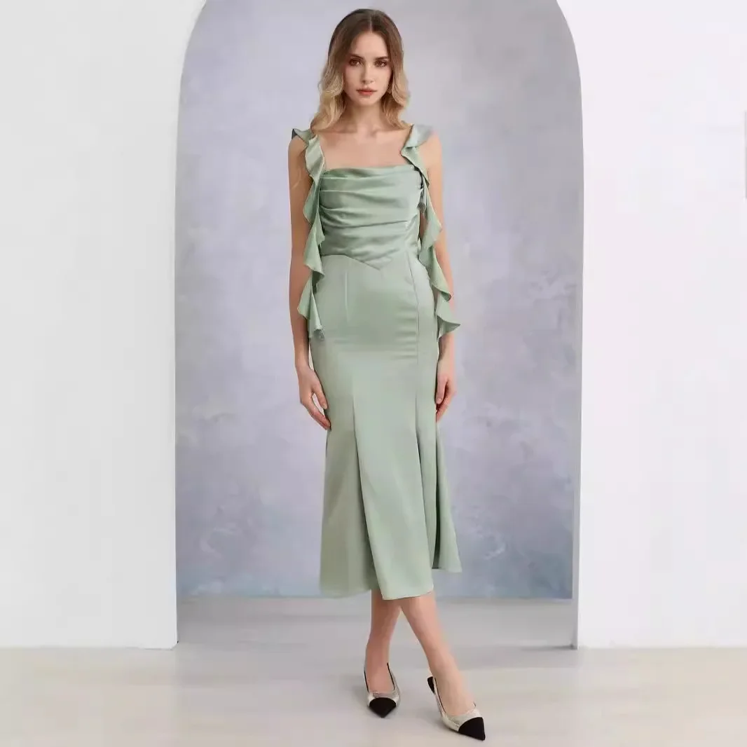 2024 New Mint Green Velvet Long Dress Elegant Tank Top Wooden Earring Strapless Sleeveless Formal Prom Gown