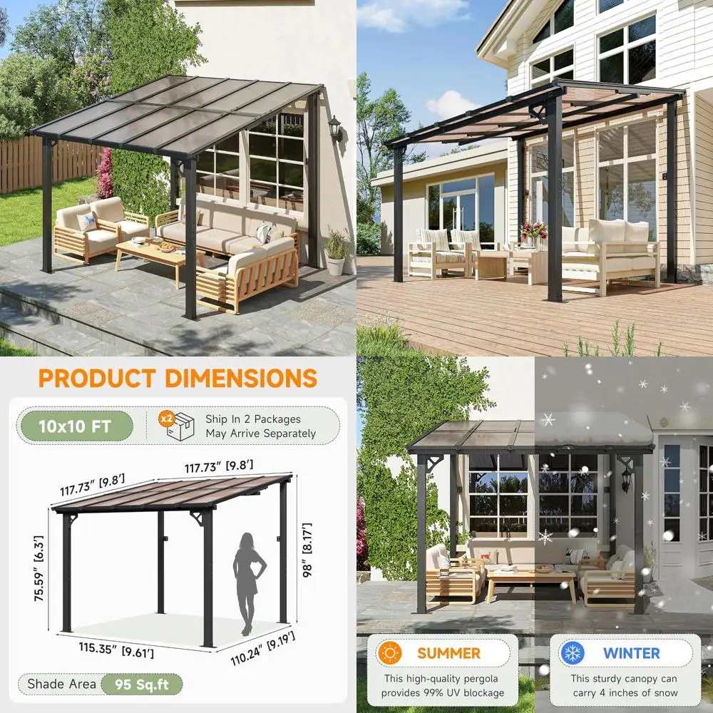 

10x10 Foot Lean-to Hardtop Metal Pergola with Polycarbonate Roof, Large Wall-Mounted Heavy-Duty Awnings, Patio Canopy for Backya