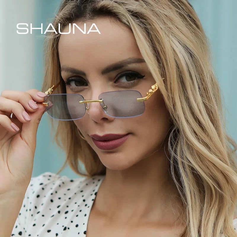 SHAUNA Fashion Small Rimless Rectangle Sunglasses Women Retro Cheetah Ocean Film Eyewear Men Tinted Sun Glasses UV400