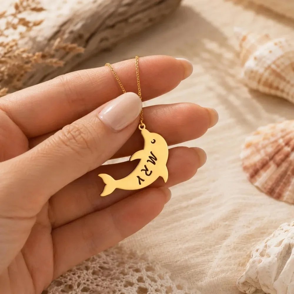 Custom Hollow Name Dolphin Necklace Personalized Nameplate Necklace Stainless Steel Marine Animals Jewelry Gifts For Women