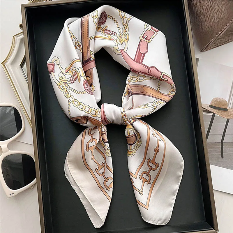Luxury Lady Chain Print Square Scarf Simulated Silk Thin Neck Scarf Fashion Sunscreen Headscarf For Women 70x70cm