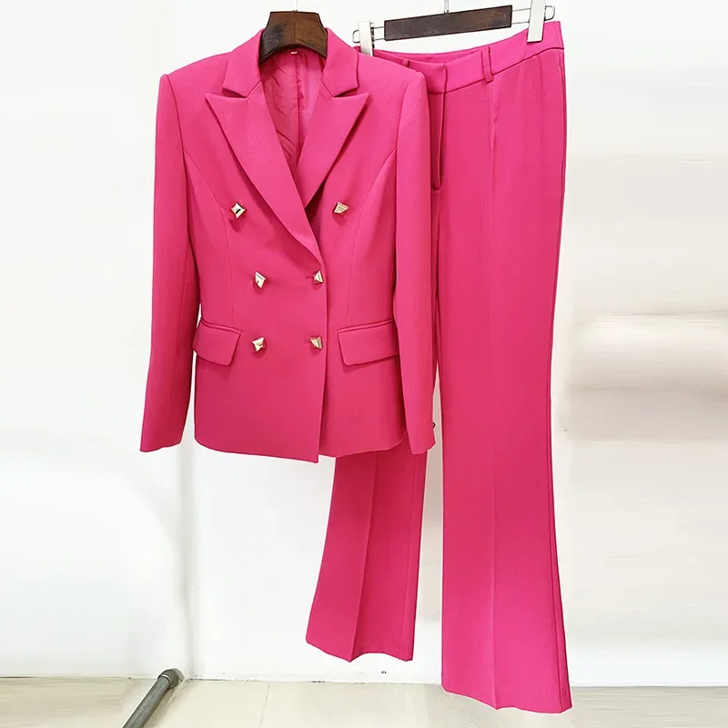 Ensemble veste et pantalon évasés pour femmes, costume rose, manteau à double boutonnage, robe de Rh, vêtements de travail, bureau, dame, printemps