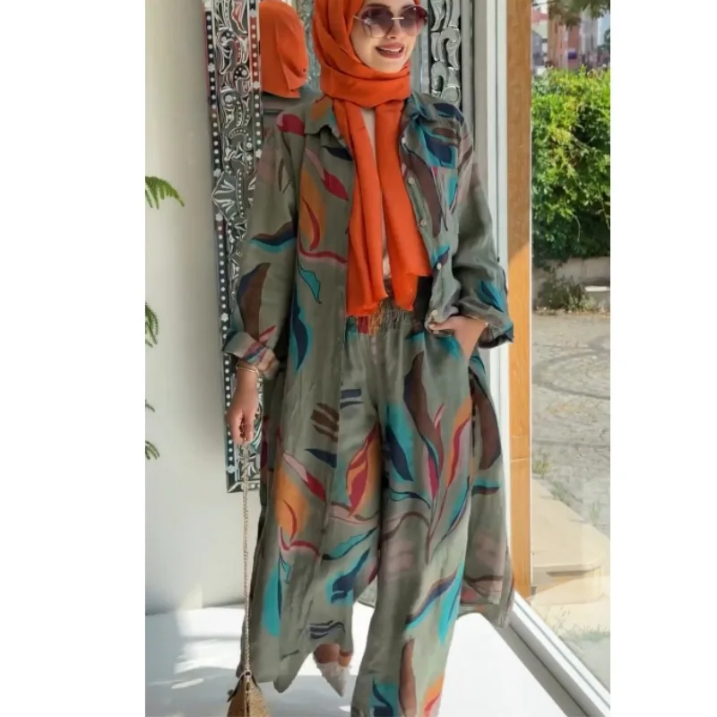 

Middle Eastern women's autumn loose new fashion cotton and linen printing long cardigan casual wide-leg pants two-piece set simp