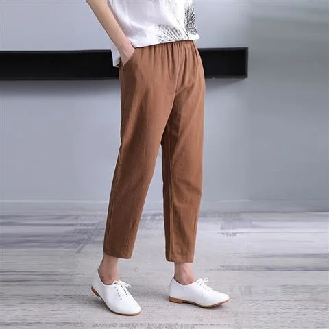 Korean Fashion Cotton Hemp Harlan Pants Women Summer Radish Loose Large Size Nine Point Cargo Pants